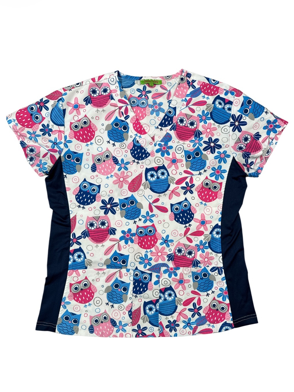 Green town Owl Print Scrub Top Navy Pink Blue Size Small